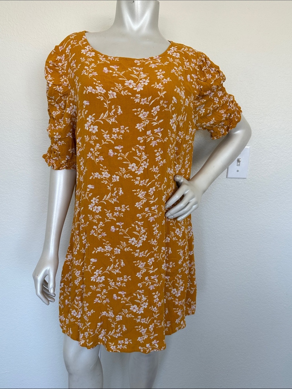 Skies Are Blue Mustard/Yellow Floral Ruched Sleeve Mini Dress